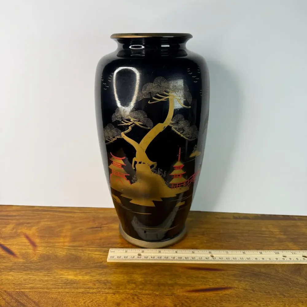 Vintage MCM Japanese Vase Scenic Temple Design